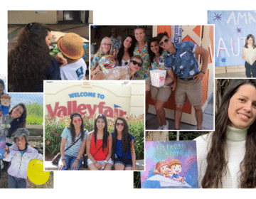 A collage of pictures of Andrea Villasmil and other young people at Valleyfair park, teaching children and a photo of her book