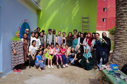 Group of study abroad students smiling with Mohammedia locals