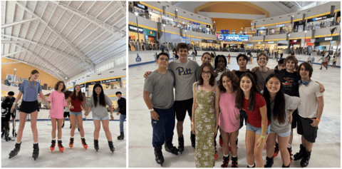 A group of students ice skating at Galerías Mall