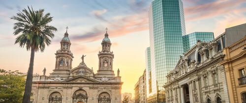 santiago chile metropolitan cathedral at sunset