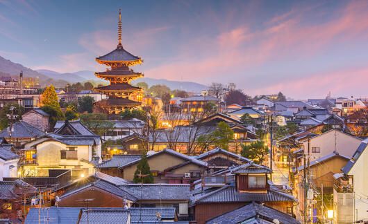 sunset in kyoto with buildings lights