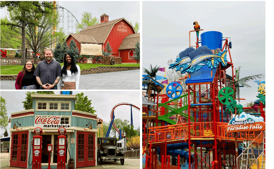 a collage of 3 photos showing different amusement park rides