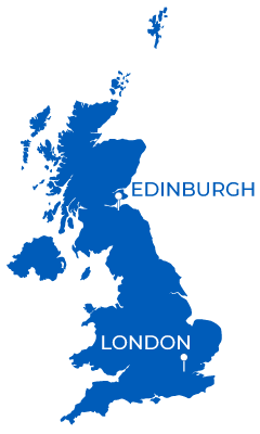 Map of Scotland with pins in Edinburgh and London